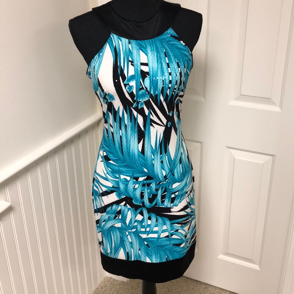 Teal, Black & White Print Dress by Cache